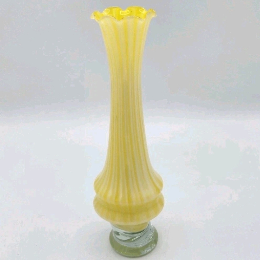 Vintage Hand Blown Altaglass Yellow Swirl Stripe Bud Tulip Vase 8" MCM